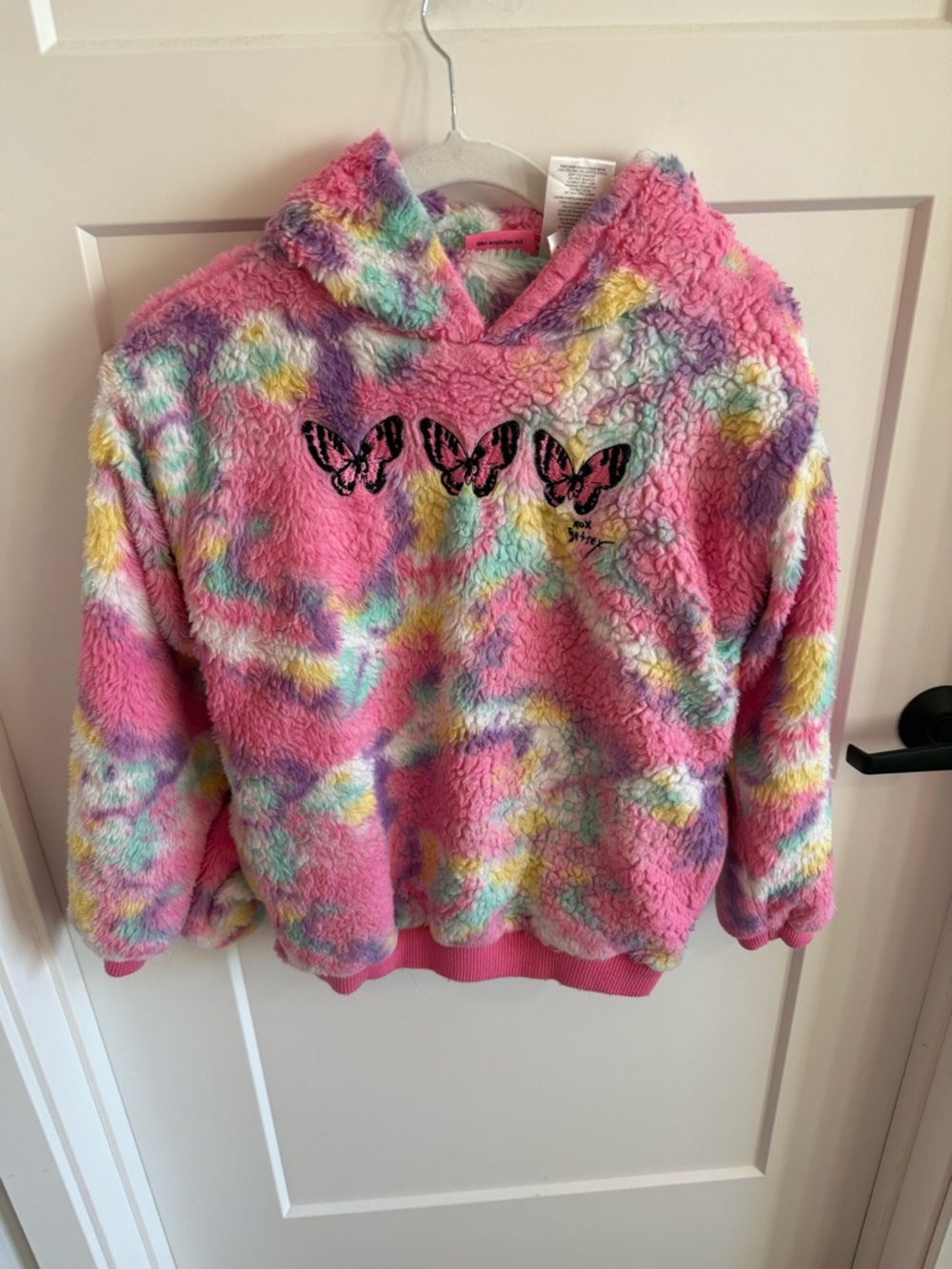 Betsey Johnson Faux Fur Rainbow Tie Dye Hoodie | Butterfly Graphic | Size L